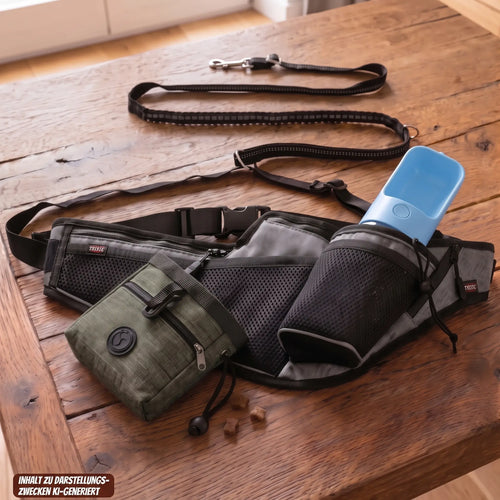 PfotenWild Jogging-Bundle mit Leine, Hüfttasche und Trinkflasche auf Holztisch, KI-generiert