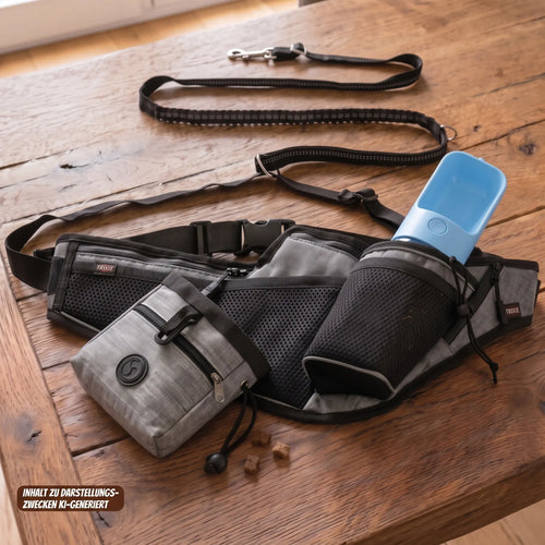 PfotenWild Jogging-Bundle in Silbergrau mit Joggingleine und Trinkflasche, KI-generiert